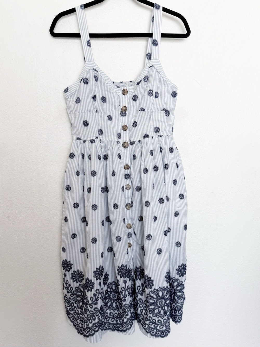 Maeve Savoy Buttondown Dress Blue Stripe Embroidered Midi Anthropologie - Picture 5 of 14